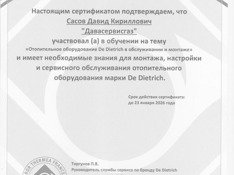 Сертификат De Dietrich -2025 Сасов Давид