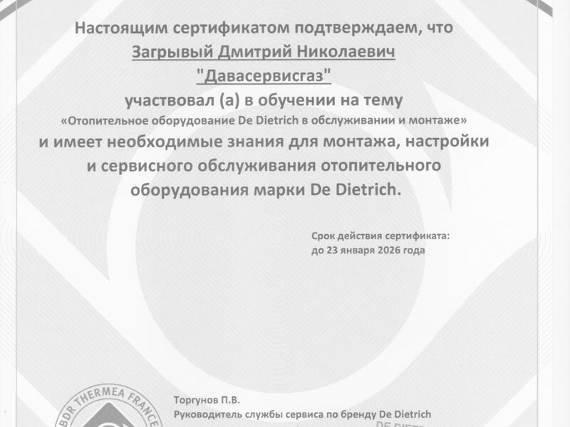 Сертификат De Dietrich -2025 Загрывый Дмитрий